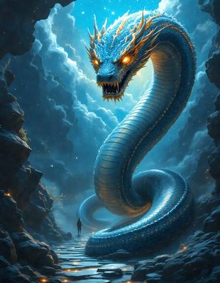 The primary subject of the image is a large, blue, fire-breathing dragon. The dragon is surrounded by a cloudy sky, and it appears to be in a cave-like setting. The visual style of the image is digital art, with the dragon being the main focus of the scene. The dominant colors in the image are blue and white, creating a serene and mystical atmosphere.